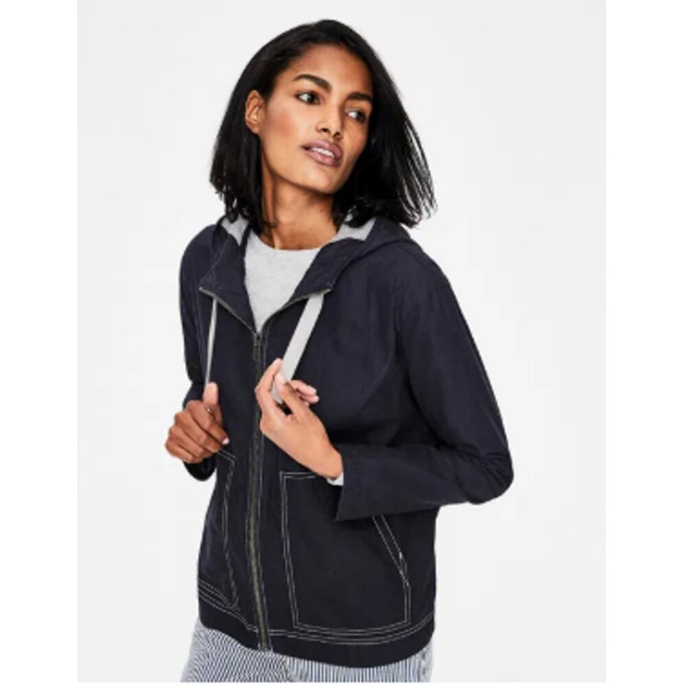 Boden‎ Eden Parka Jacket Navy Blue Hooded Zip Front Cotton Blend White Stitch 8